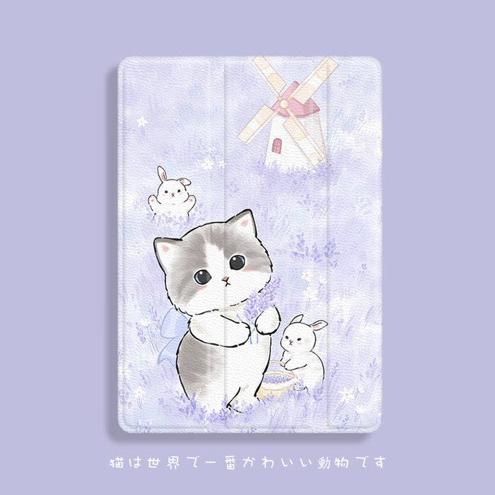 Kawaii Cat & Lavender iPad Case: lavender, light purple cartoon gray-and-white cat with small rabbits and a windmill, kawaii