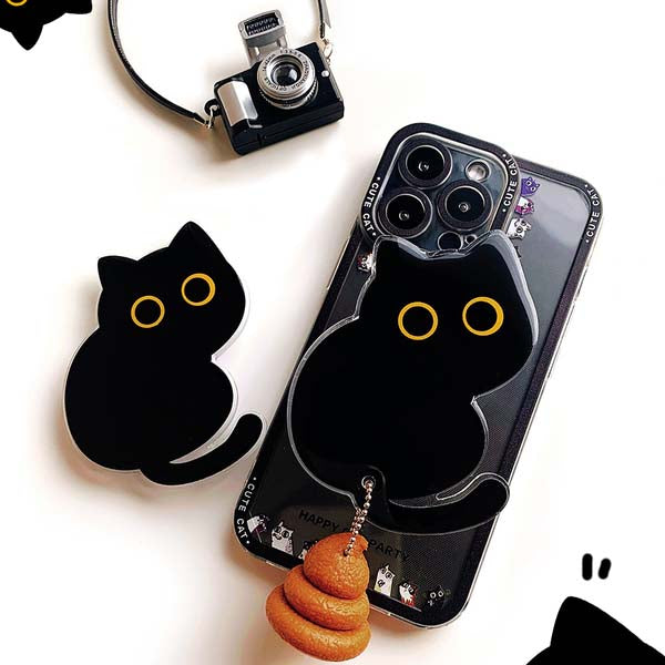 Kawaii Cat Phone Grip and Stand: black, clear black cat, minimal cartoon kawaii style