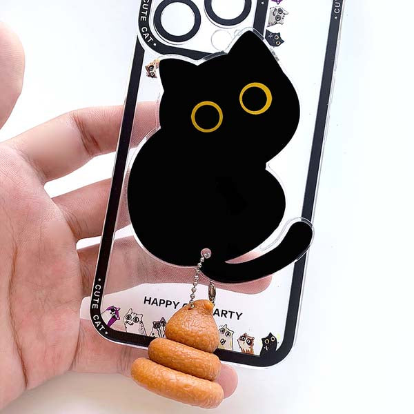 Kawaii Cat Phone Grip and Stand: black, clear black cat, minimal cartoon kawaii style