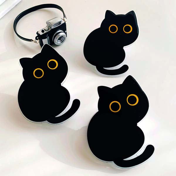 Kawaii Cat Phone Grip and Stand: black, clear black cat, minimal cartoon kawaii style