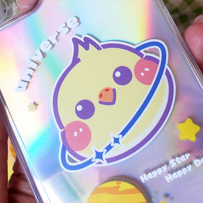 Kawaii Cockatiel iPhone Case: iridescent pastel, yellow cartoon cat with ringed planet motif, kawaii cartoon style
