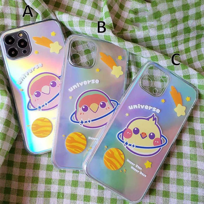 Kawaii Cockatiel iPhone Case: iridescent pastel, yellow cartoon cat with ringed planet motif, kawaii cartoon style