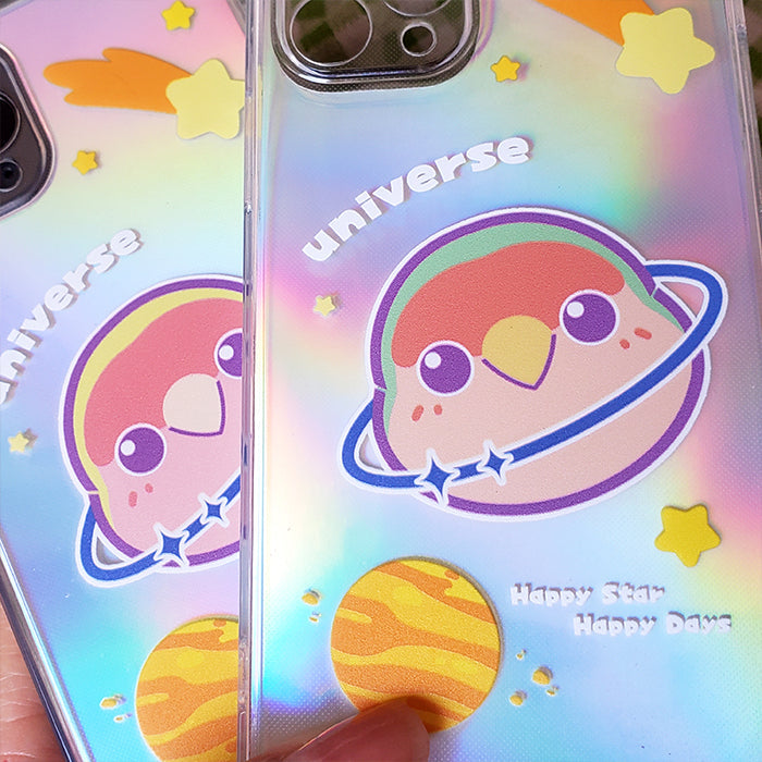 Kawaii Cockatiel iPhone Case: iridescent pastel, yellow cartoon cat with ringed planet motif, kawaii cartoon style