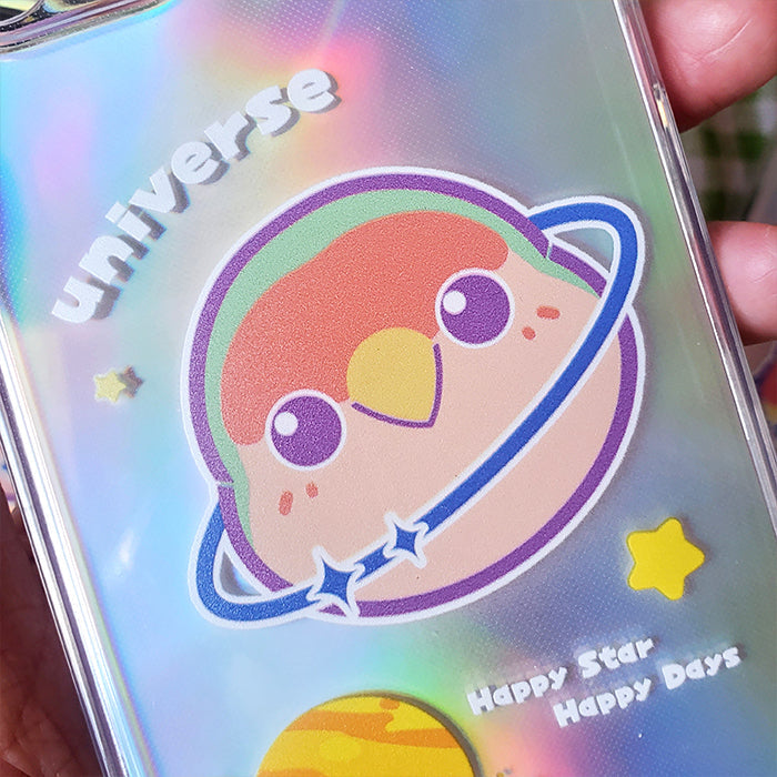 Kawaii Cockatiel iPhone Case: iridescent pastel, yellow cartoon cat with ringed planet motif, kawaii cartoon style