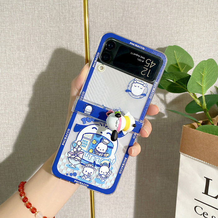 Kawaii Galaxy Flip 3 Phone Cases: blue, white Pochacco dog character, kawaii cartoon style