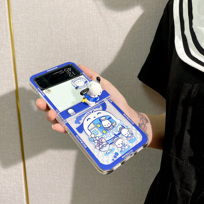 Kawaii Galaxy Flip 3 Phone Cases: blue, white Pochacco dog character, kawaii cartoon style
