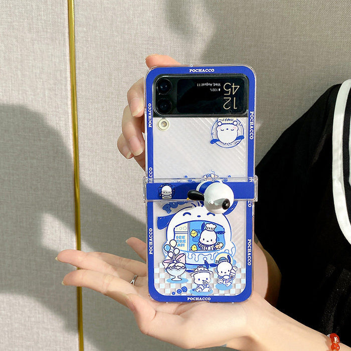 Kawaii Galaxy Flip 3 Phone Cases: blue, white Pochacco dog character, kawaii cartoon style