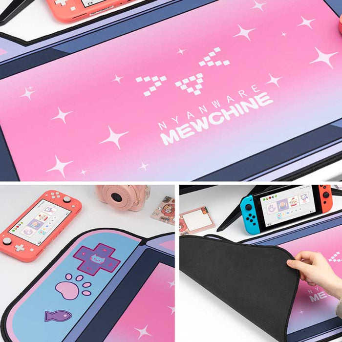 Kawaii Gaming Mouse Mat with Stitched Edges: pink, purple cat theme, kawaii, retro gaming style