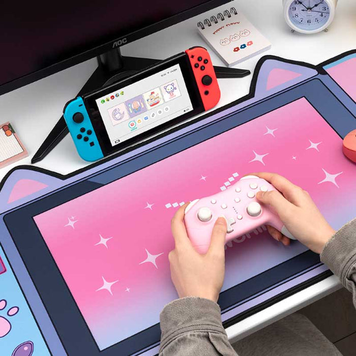 Kawaii Gaming Mouse Mat with Stitched Edges: pink, purple cat theme, kawaii, retro gaming style