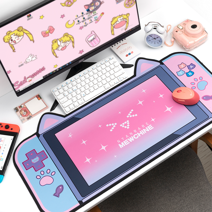 Kawaii Gaming Mouse Mat with Stitched Edges: pink, purple cat theme, kawaii, retro gaming style