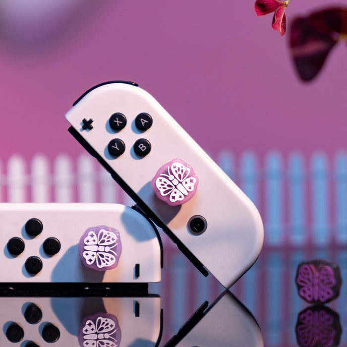 Kawaii Glitter Butterfly Joy-Con Caps: white, black butterfly theme, cute pastel gaming accessory style