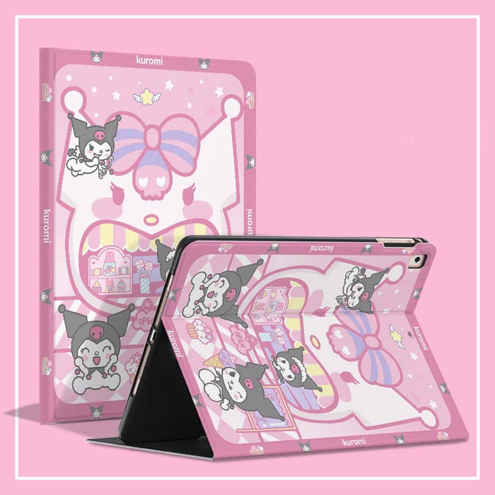 Kawaii iPad Cases with Auto Sleep/Wake: pink, black Kuromi character, kawaii cartoon style