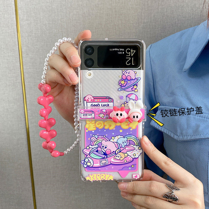 Kawaii Kirby Flip 4 Phone Cases: clear, pink cartoon characters and colorful space/rainbow-themed illustrations, kawaii carto