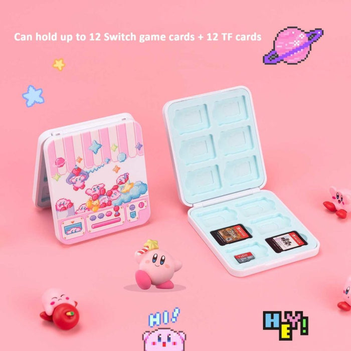 Kawaii Kirby Game Card Holder Case: white, pink cute cartoon characters and candy/shop-themed imagery, kawaii cartoon pixel a