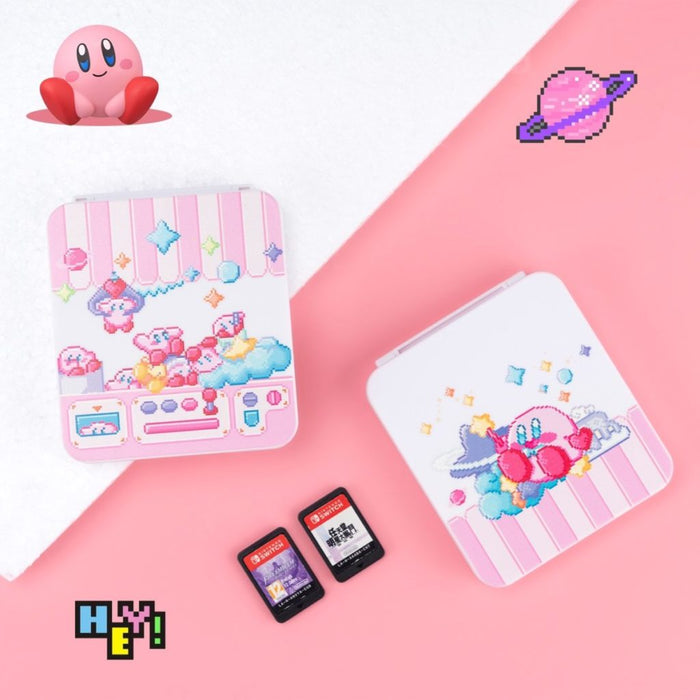 Kawaii Kirby Game Card Holder Case: white, pink cute cartoon characters and candy/shop-themed imagery, kawaii cartoon pixel a