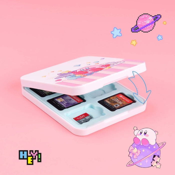 Kawaii Kirby Game Card Holder Case: white, pink cute cartoon characters and candy/shop-themed imagery, kawaii cartoon pixel a