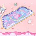 Kawaii Kirby Gaming Desk Mat: pink, purple cute pink round character with a spacecraft/planet theme, kawaii cartoon style