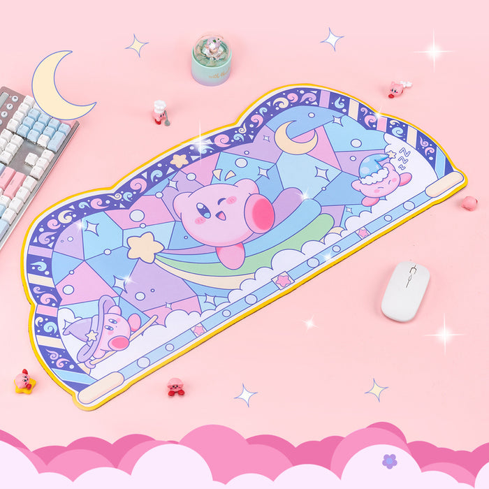 Kawaii Kirby Gaming Desk Mat: pink, purple cute pink round character with a spacecraft/planet theme, kawaii cartoon style