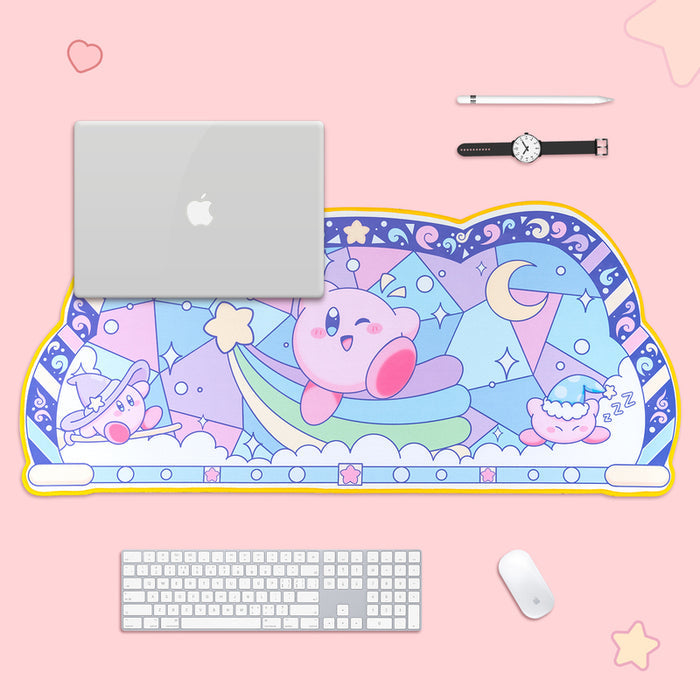 Kawaii Kirby Gaming Desk Mat: pink, purple cute pink round character with a spacecraft/planet theme, kawaii cartoon style
