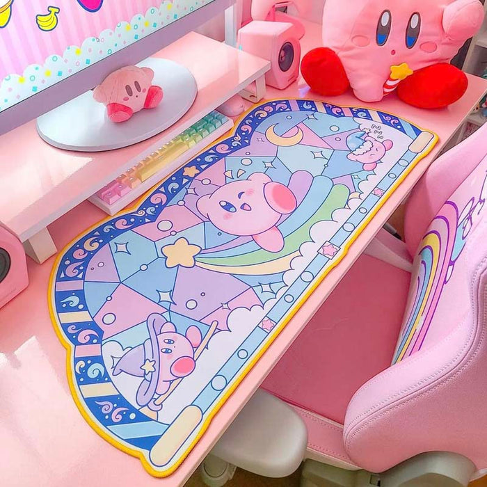 Kawaii Kirby Gaming Desk Mat: pink, purple cute pink round character with a spacecraft/planet theme, kawaii cartoon style