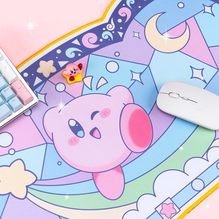 Kawaii Kirby Gaming Desk Mat: pink, purple cute pink round character with a spacecraft/planet theme, kawaii cartoon style