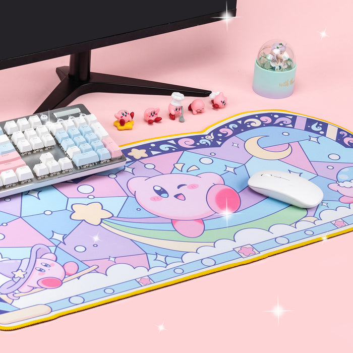 Kawaii Kirby Gaming Desk Mat: pink, purple cute pink round character with a spacecraft/planet theme, kawaii cartoon style