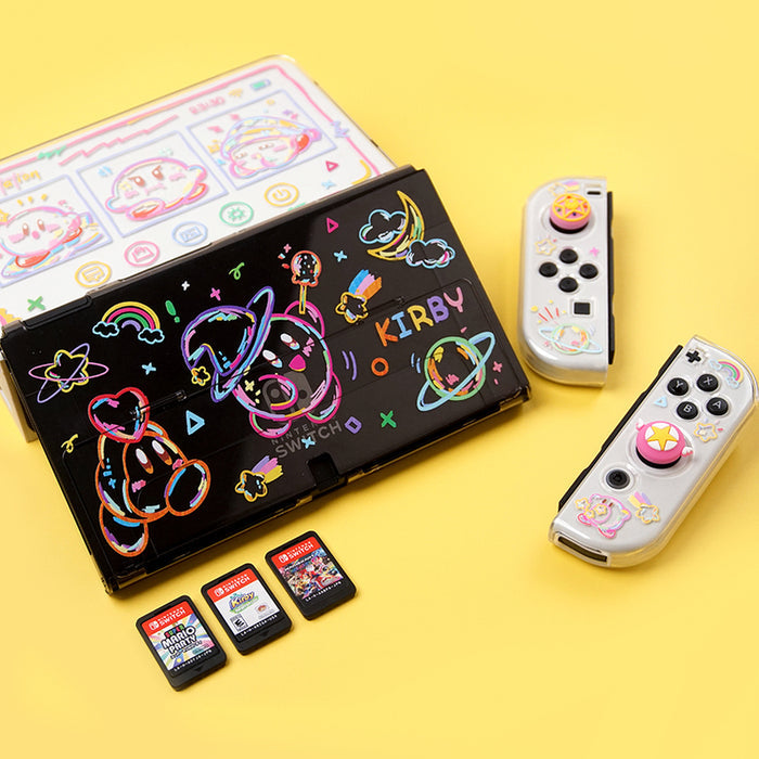 Kawaii Kirby Switch OLED Case with Doodle Design: white, pink Kirby character theme, cute cartoon kawaii style