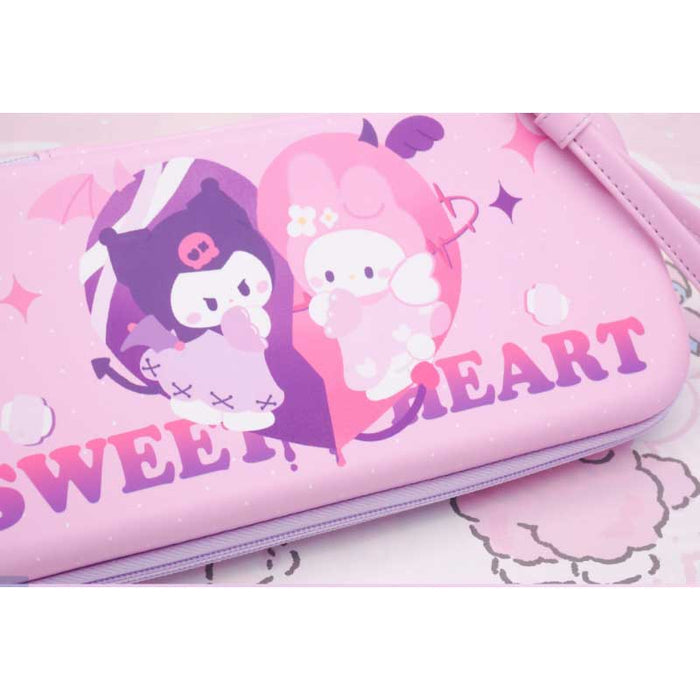 Kawaii Nintendo Switch Travel Case: light pink, hot pink Kuromi and My Melody characters, kawaii cartoon style
