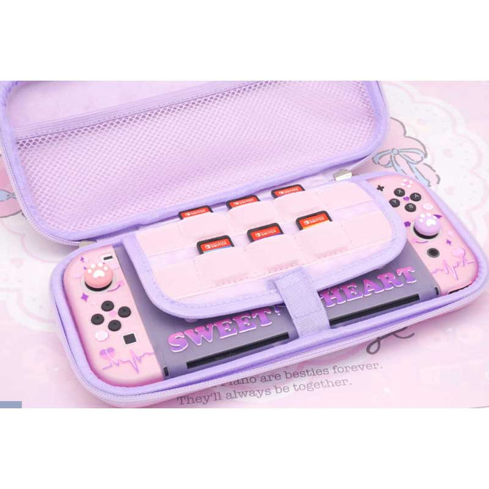 Kawaii Nintendo Switch Travel Case: light pink, hot pink Kuromi and My Melody characters, kawaii cartoon style