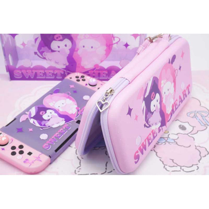 Kawaii Nintendo Switch Travel Case: light pink, hot pink Kuromi and My Melody characters, kawaii cartoon style
