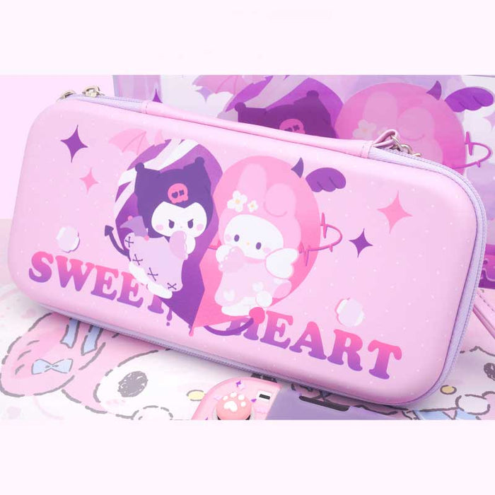Kawaii Nintendo Switch Travel Case: light pink, hot pink Kuromi and My Melody characters, kawaii cartoon style