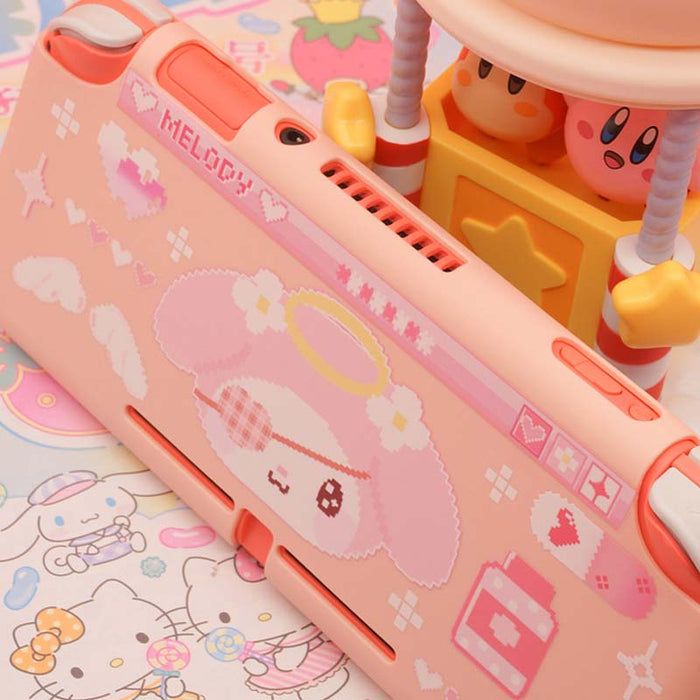 Kawaii Switch Lite Case with Cute Characters: peach pink, light pink My Melody character, kawaii cartoon style