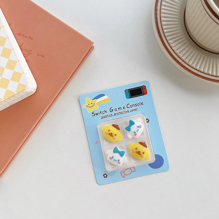 Kawaii Switch Thumb Grips with Joystick Caps: light blue, yellow Pikachu-like yellow character faces and blue bows, cute cart