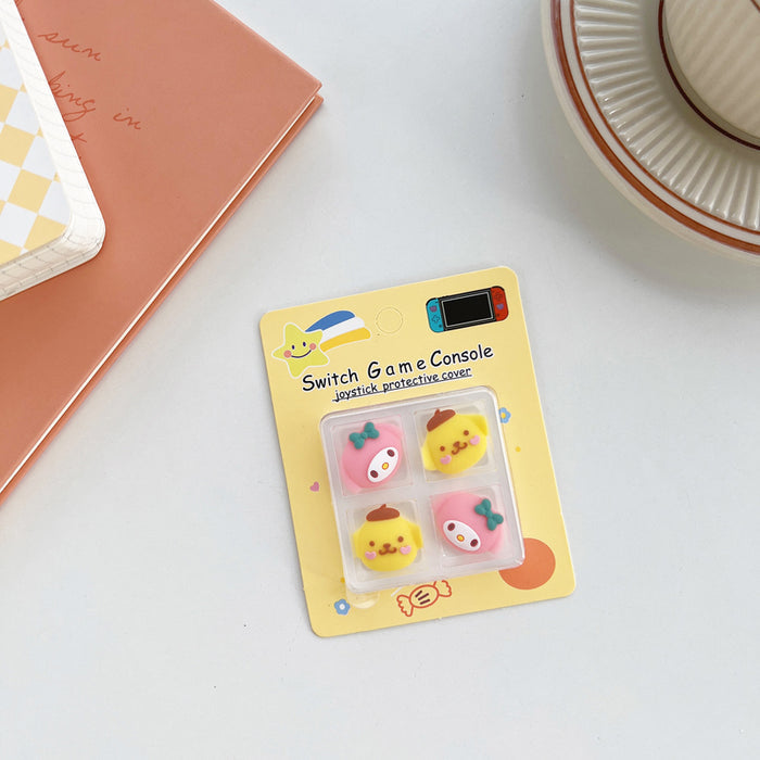 Kawaii Switch Thumb Grips with Joystick Caps: light blue, yellow Pikachu-like yellow character faces and blue bows, cute cart