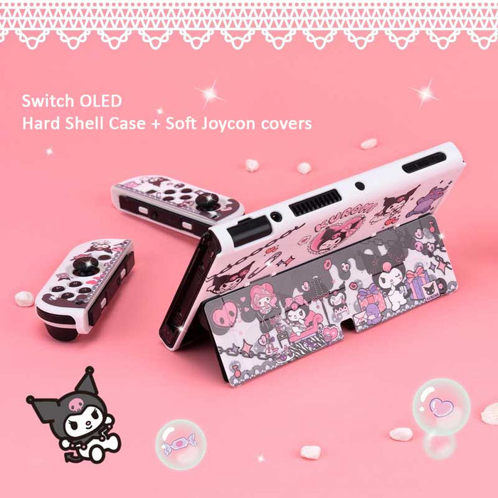 Kawaii Switch/OLED Accessories Set: white, black Kuromi / Sanrio character theme, kawaii cartoon style