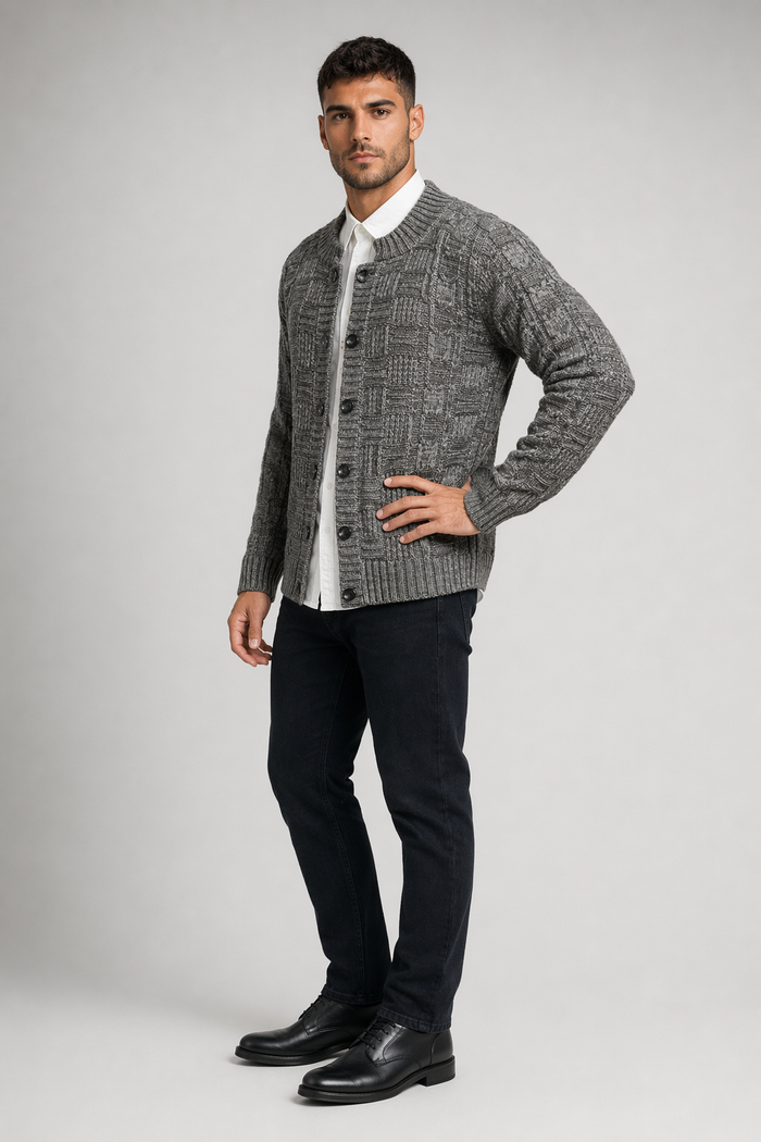 Khaki Button Front Crew Neck Men's Cardigan Default