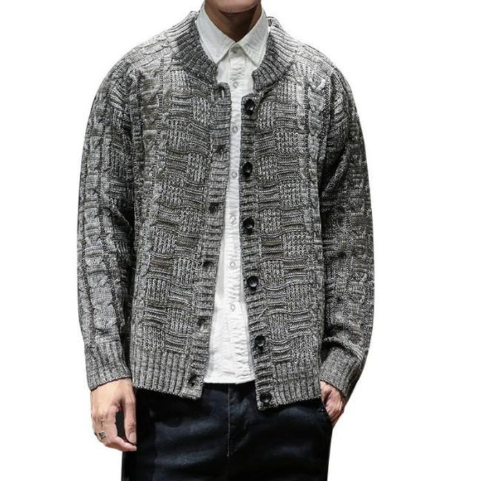 Khaki Button Front Crew Neck Men's Cardigan: heather gray, dark gray button-front cardigan sweater, casual knitwear style