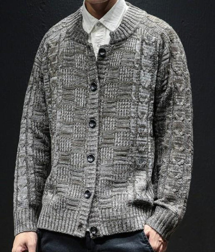 Khaki Button Front Crew Neck Men's Cardigan: heather gray, dark gray button-front cardigan sweater, casual knitwear style