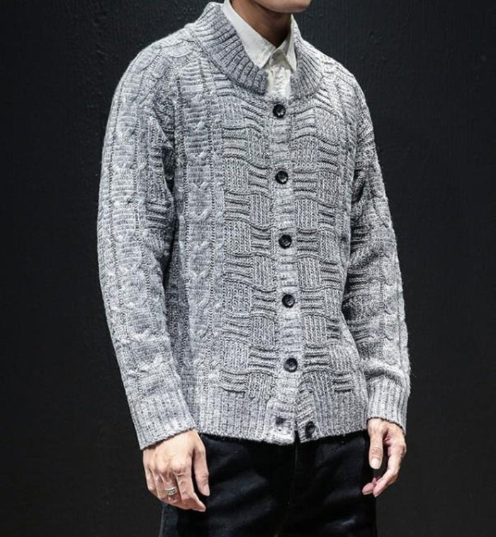 Khaki Button Front Crew Neck Men's Cardigan: heather gray, dark gray button-front cardigan sweater, casual knitwear style