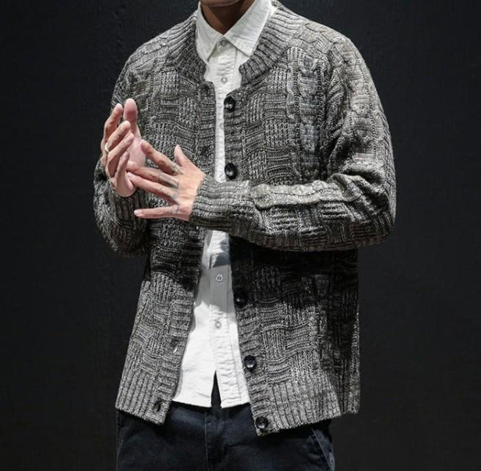 Khaki Button Front Crew Neck Men's Cardigan: heather gray, dark gray button-front cardigan sweater, casual knitwear style