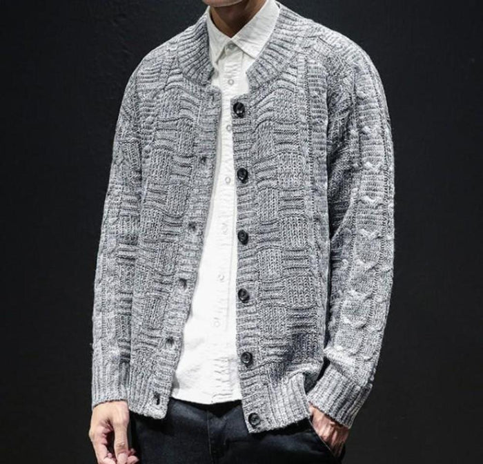 Khaki Button Front Crew Neck Men's Cardigan: heather gray, dark gray button-front cardigan sweater, casual knitwear style
