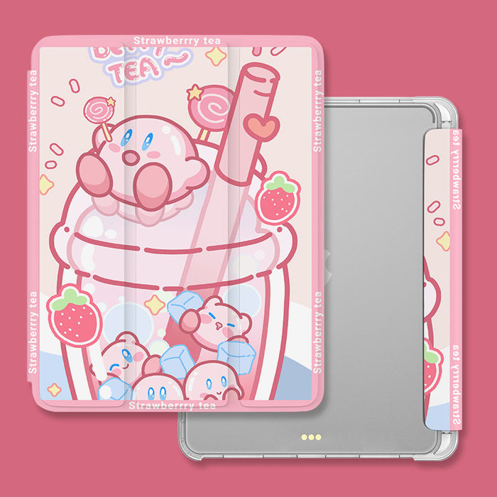 Kirby iPad Cases with Food Art: pink, white cute pink cartoon creatures in a strawberry tea theme, kawaii cartoon style