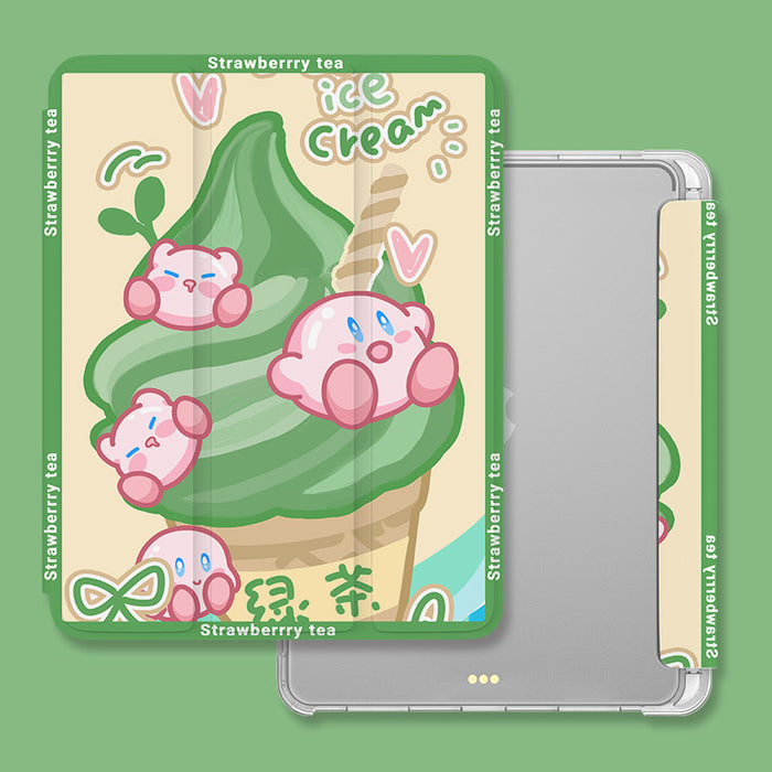 Kirby iPad Cases with Food Art: pink, white cute pink cartoon creatures in a strawberry tea theme, kawaii cartoon style