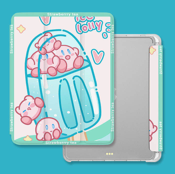 Kirby iPad Cases with Food Art: pink, white cute pink cartoon creatures in a strawberry tea theme, kawaii cartoon style