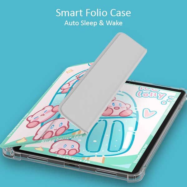 Kirby iPad Cases with Food Art: pink, white cute pink cartoon creatures in a strawberry tea theme, kawaii cartoon style