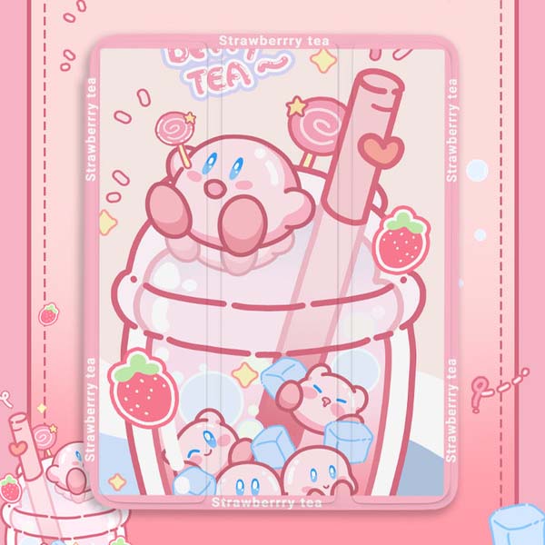 Kirby iPad Cases with Food Art: pink, white cute pink cartoon creatures in a strawberry tea theme, kawaii cartoon style