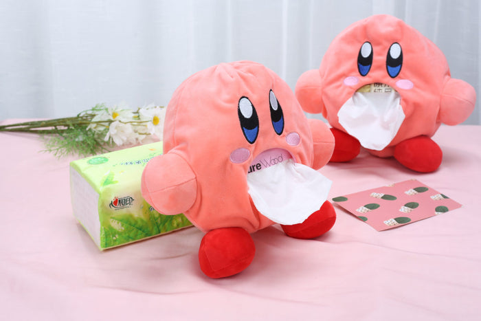Kirby Tissue Holder: Soft, Durable, Cute: pink, red cartoon character resembling Kirby, kawaii cartoon style