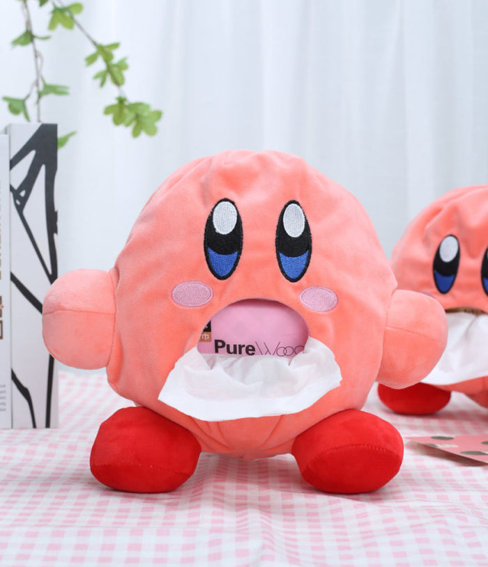 Kirby Tissue Holder: Soft, Durable, Cute: pink, red cartoon character resembling Kirby, kawaii cartoon style