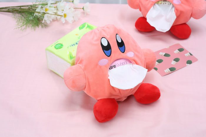Kirby Tissue Holder: Soft, Durable, Cute: pink, red cartoon character resembling Kirby, kawaii cartoon style