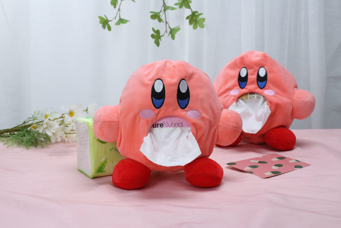 Kirby Tissue Holder: Soft, Durable, Cute: pink, red cartoon character resembling Kirby, kawaii cartoon style